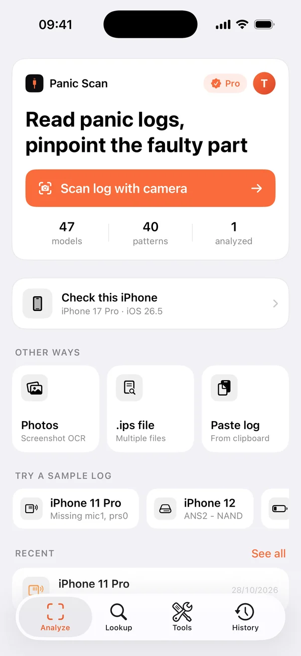 Log scanning interface Panic Scan home screen