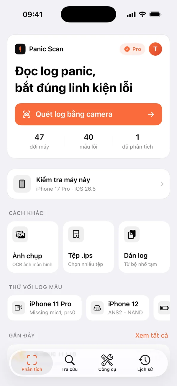 Màn hình chính Panic Scan